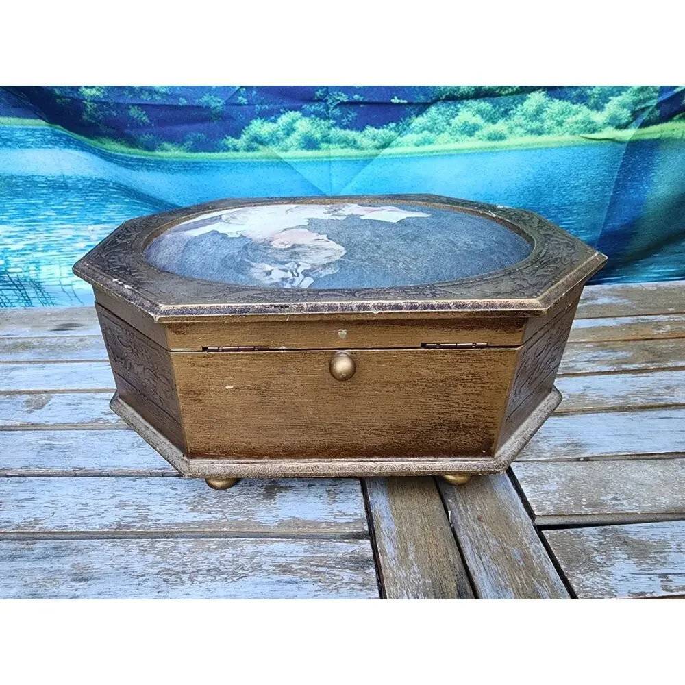 Vintage Large Gold Victorian Theme Jewelry Box Lady Reading Book-Japan Satin Top
